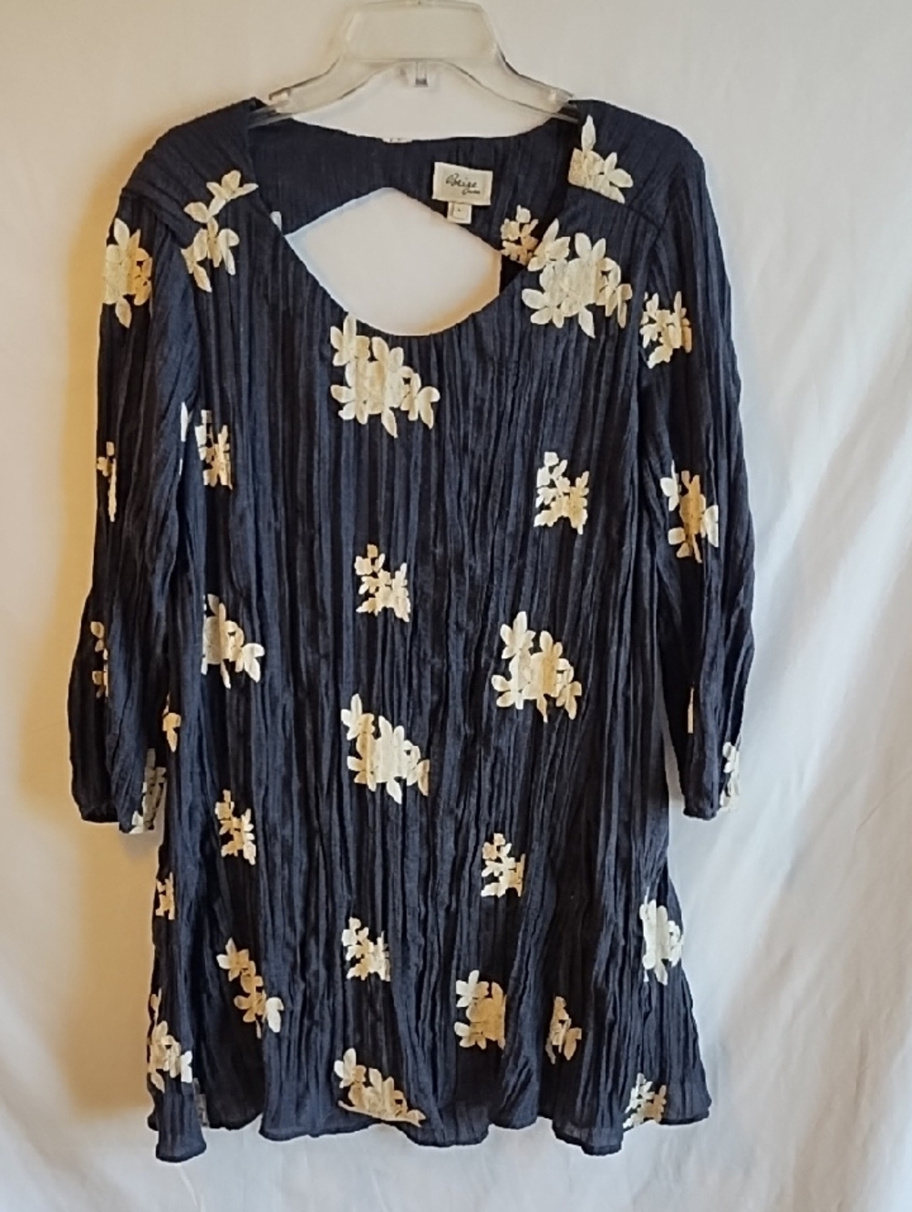 Beige by eci Navy Blue Tunic Dress with Cream Floral Embroidery